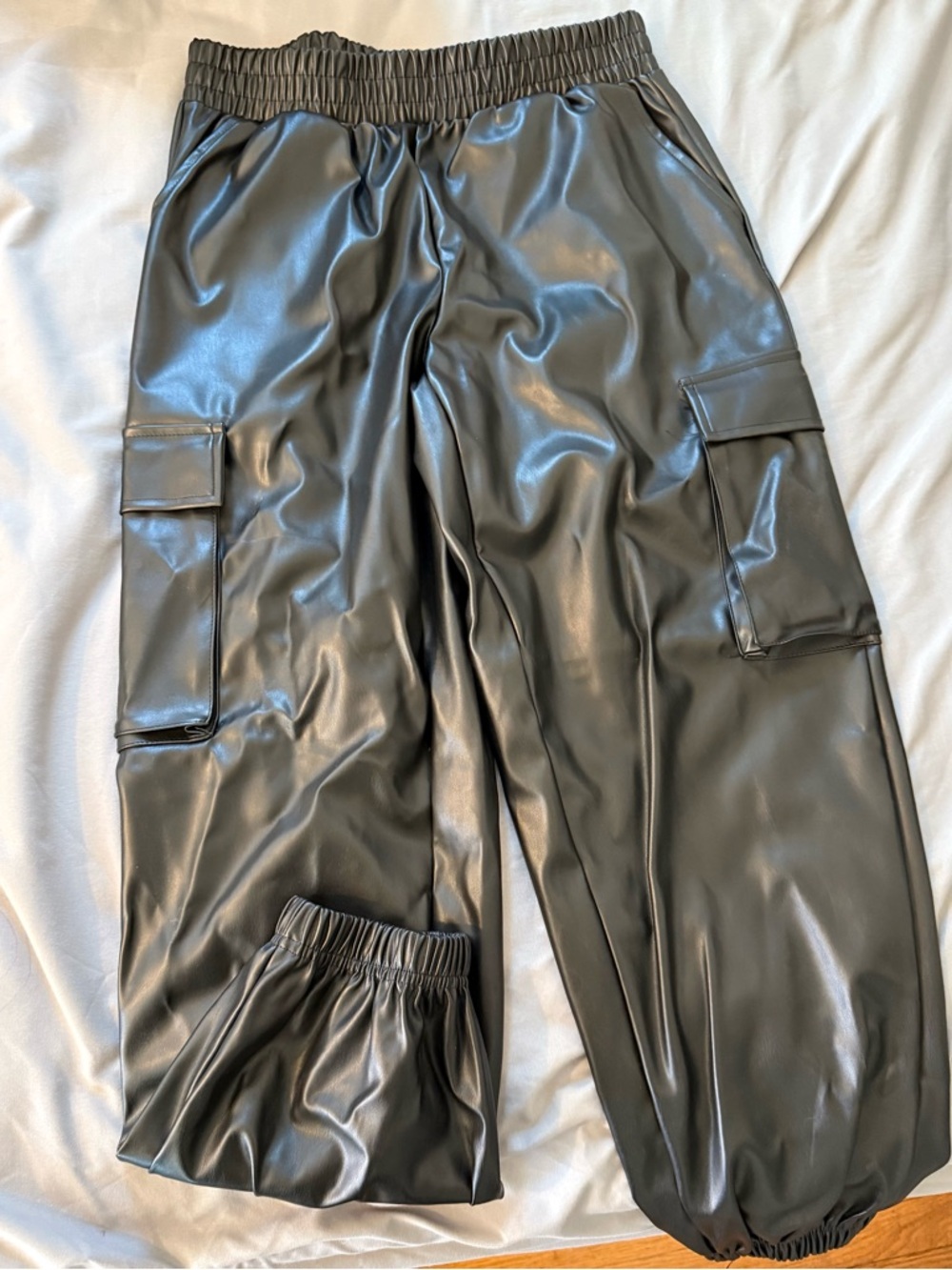 Black Faux Leather Cargo Joggers
